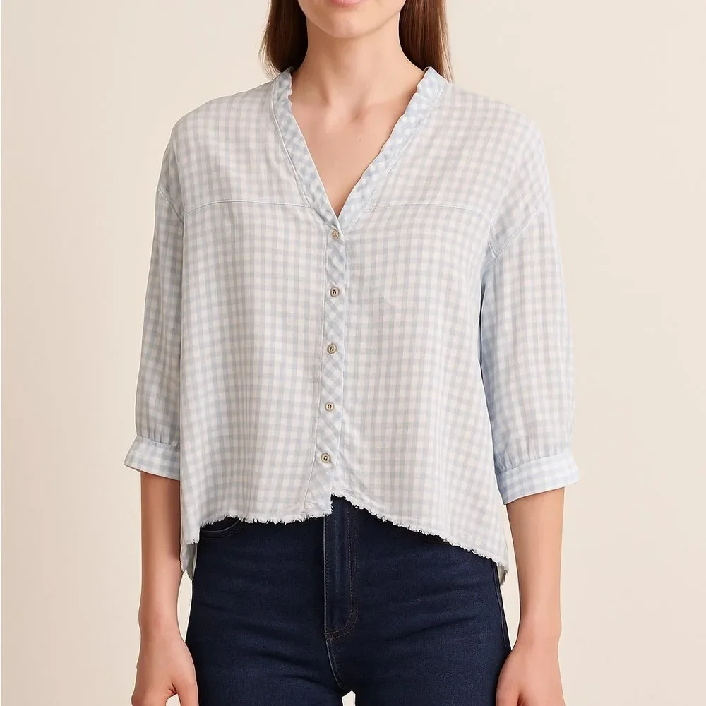 Zara Basic Lightweight Gingham Check Button Front Blouse in Light Blue/White |XS
